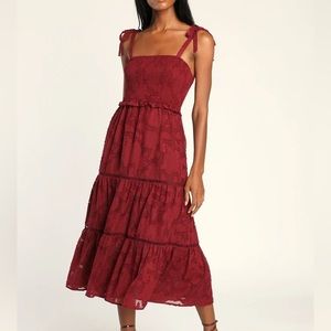 Lulus, Float to Love Burgundy Jacquard Smocked Tie-Strap Midi Dress